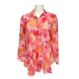 Finley‎ Watercolor Shirt Size XL Button Up 100% Cotton Roll Tab Sleeves Pink